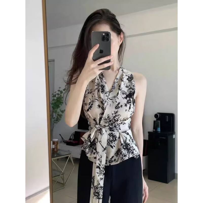 吟嚀夕掛脖無袖露肩襯衫多巴胺少女夏季碎花法式漂亮上衣 花色襯衫 S