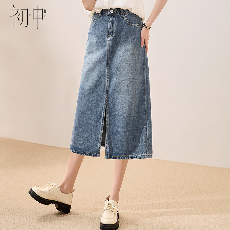 初申春秋牛仔半身裙女開叉中長款A(yù)字包臀裙S13JB2753 復(fù)古藍(lán) S (80-95斤)