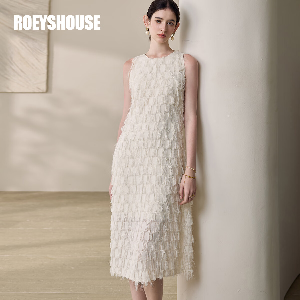 ROEYSHOUSE罗衣法式流苏无袖连衣裙女2025夏季新款高级淡人系提花A字裙12017 米白色 L