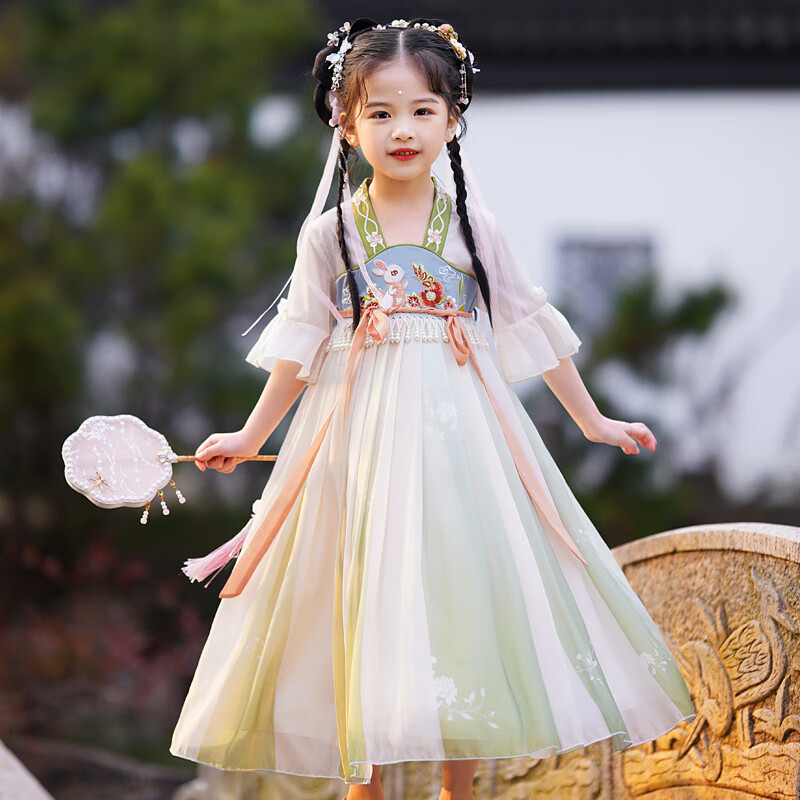 安妮优儿女童汉服中国风超仙连衣裙2025夏装裙子古风儿童古装夏 绿色 160
