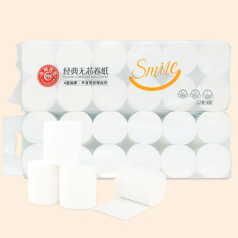 永辉优选优颂经典四层无芯卷纸155克*12卷木浆卫生纸厕纸 4层 155g*12卷 永辉优选经典无芯卷纸*1