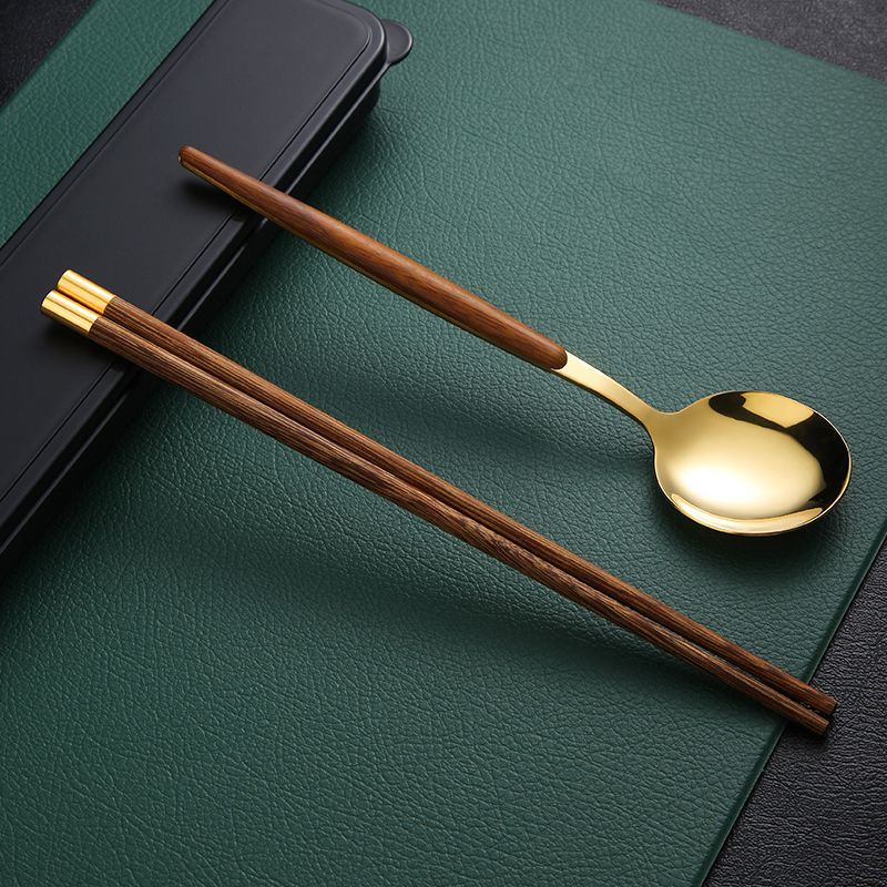 帕美頓學(xué)生便攜餐具套裝不銹鋼筷子勺子叉子三件套上班族旅行餐具收納盒 【金色】勺+筷+盒