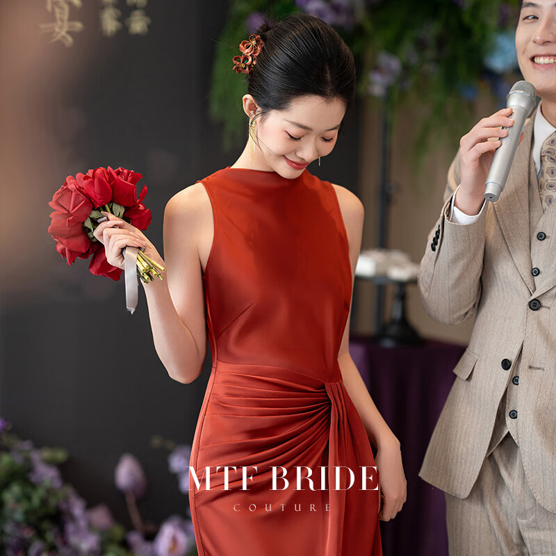 酒紅色訂婚禮服裙絕美結(jié)婚敬酒服晨袍女新娘輕奢氣質(zhì)晚禮服 磚紅色【7天發(fā)】 S