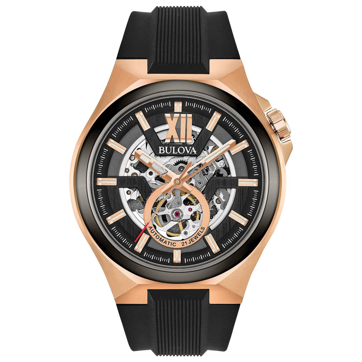 宝路华Bulova 宝路华 男士经典 Maquina 自动打开光圈手表 Rose Gold/Rubber Strap 46.0毫米