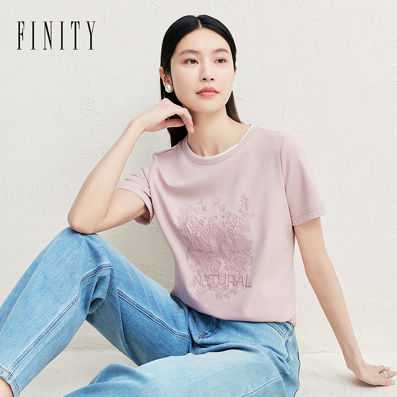 菲妮迪（FINITY）T恤2025女夏季新款简约绣花百搭气质圆领短袖上衣女 粉色 XL