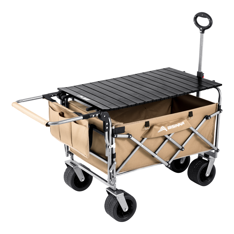 北山狼 户外露营车折叠推车大容量可坐人躺逛遛娃营地车超大号手推车 咖啡色 500L 坦克轮+黑色桌板