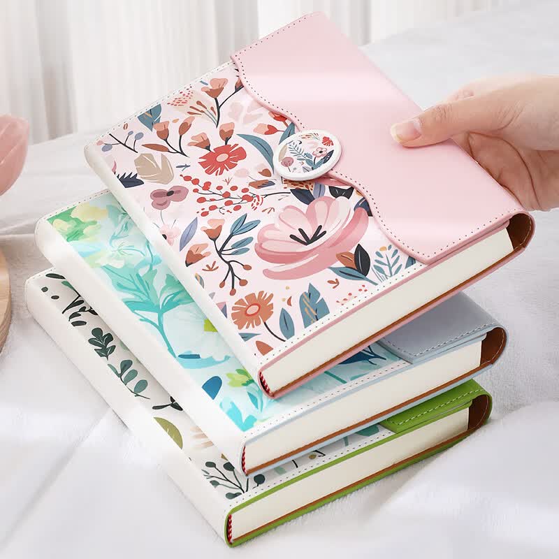 佐澜哲笔记本本子文具A5皮面加厚382页高颜值花卉款磁吸三折记事本大学生简约日记本考研学习作业本 粉色