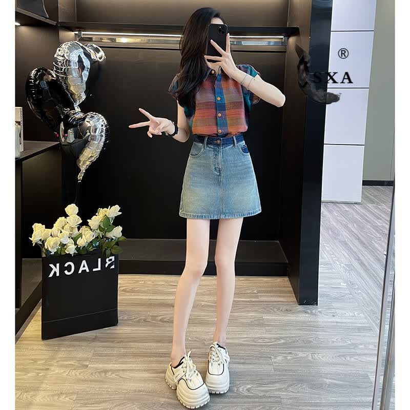 SXA香港潮牌休闲运动套装裙女2025夏季减龄格纹衬衫牛仔短裙两件套 图色 S