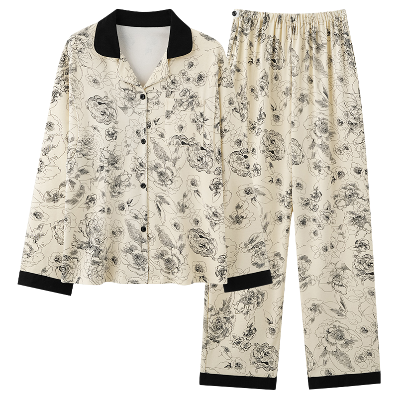 愛(ài)寶適月子服春夏款孕產(chǎn)婦睡衣家居服產(chǎn)后哺乳衣喂奶衣墨韻繁花XL碼M439