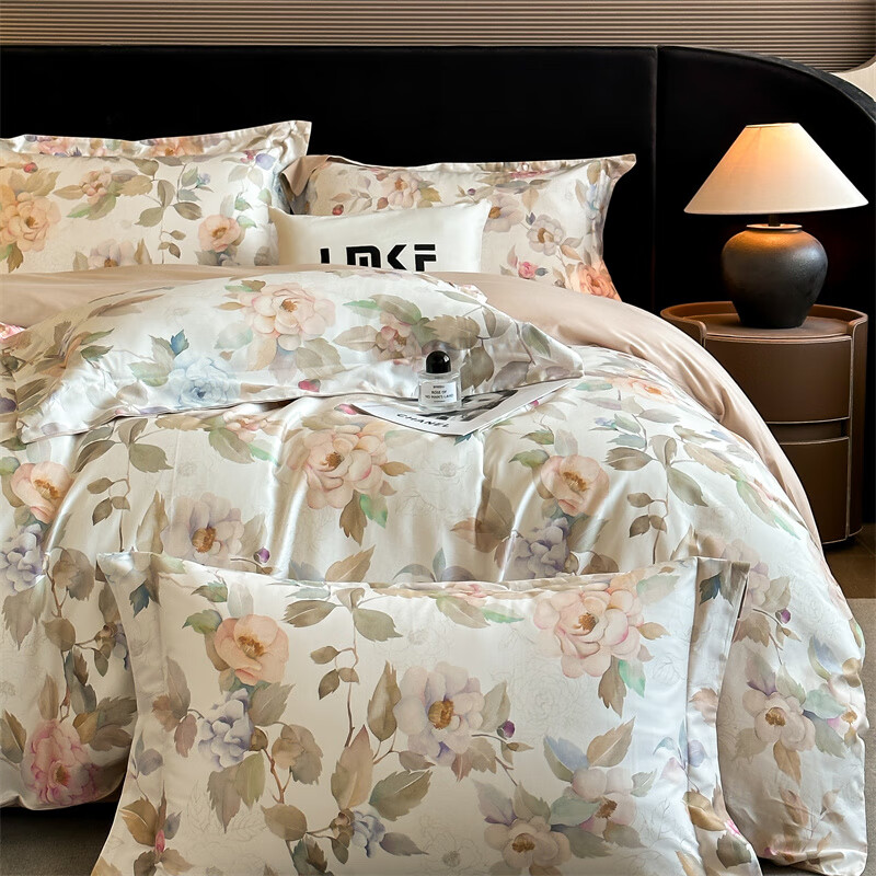 水星系列家纺美式印花长绒棉100支四件套纯棉全棉床单被套床上用品床笠款田园4 伊犁花甸 床单款 1.8M床笠四件套(200*230