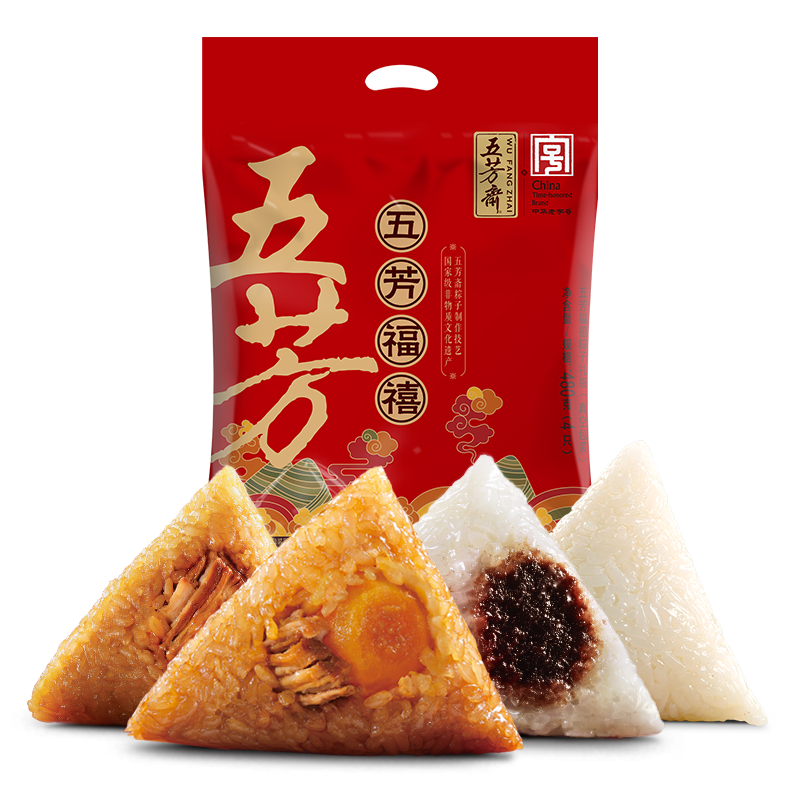 五芳斋 粽子礼袋装蛋黄猪肉粽嘉兴特产肉粽子端午节礼品 【4粽4味】福禧礼袋480g
