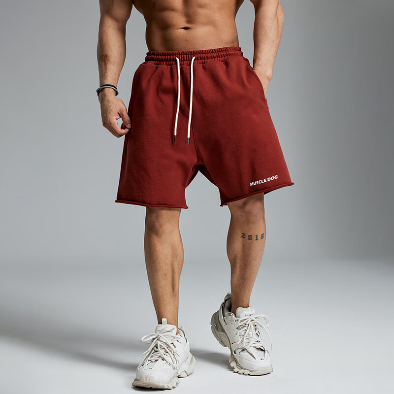 MUSCLE DOG肌肉狗 运动裤短裤男夏季散边宽松直筒休闲健身训练五分裤 灰卡其色 XL