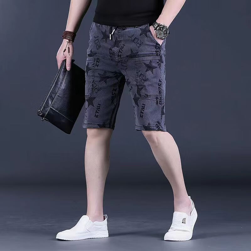 洛科驰夏季微弹男士牛仔短裤潮牌印花薄款五分裤凉感流行薄款新款休闲裤 7009黑灰短裤 M