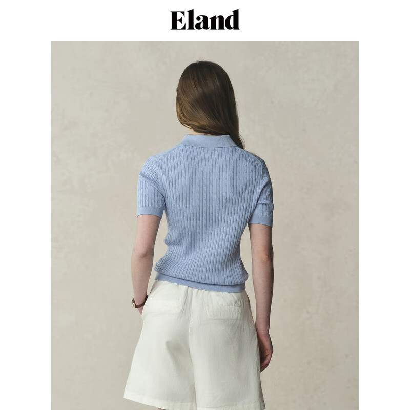 ELAND衣恋毛衣女复古翻领短袖合身显瘦长袖针织衫2025新款 浅蓝色EEKWF24E05 棉52% S /160
