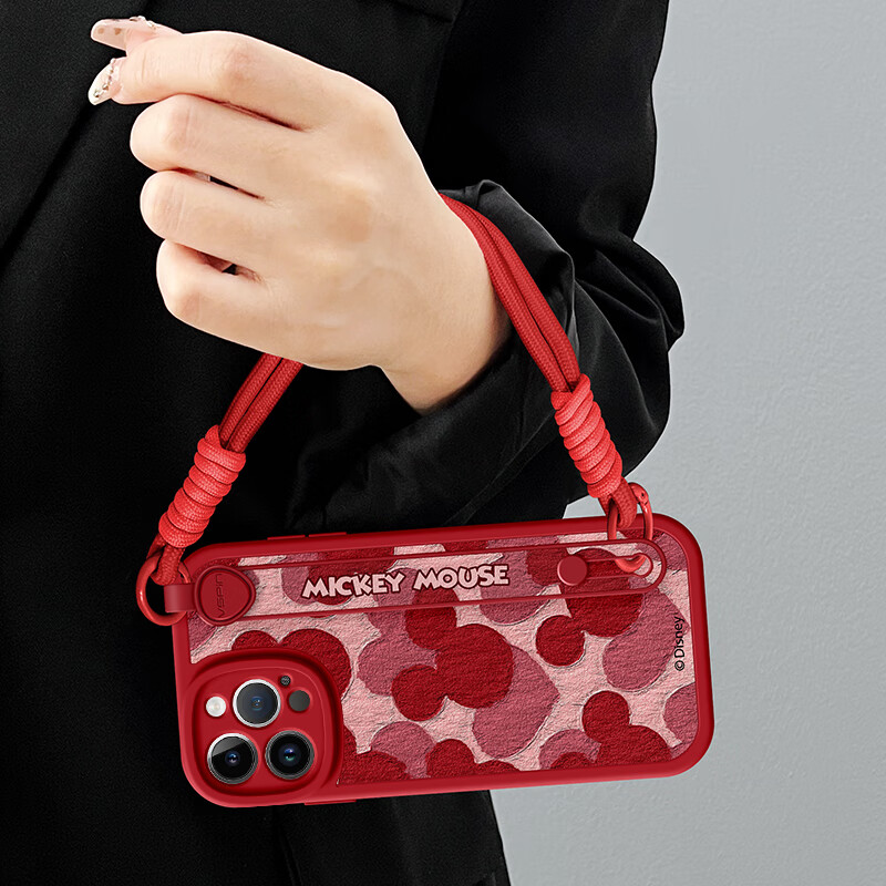 美赞仕【迪士尼授权】苹果16promax手机壳iphone新款17pro油画米奇air腕带15pro支架14pro挂绳13防摔全包 红色-红油画米奇爱心【短手绳】 iPhone 16 Pro Max