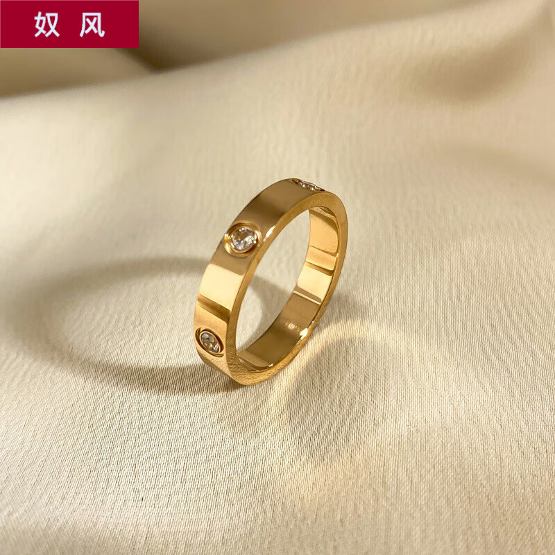 奴风钛钢可洗澡简约大方钛钢戒指女时尚潮小众设计精致装饰指环对戒 玫金3钉3水钻JZ005 5号