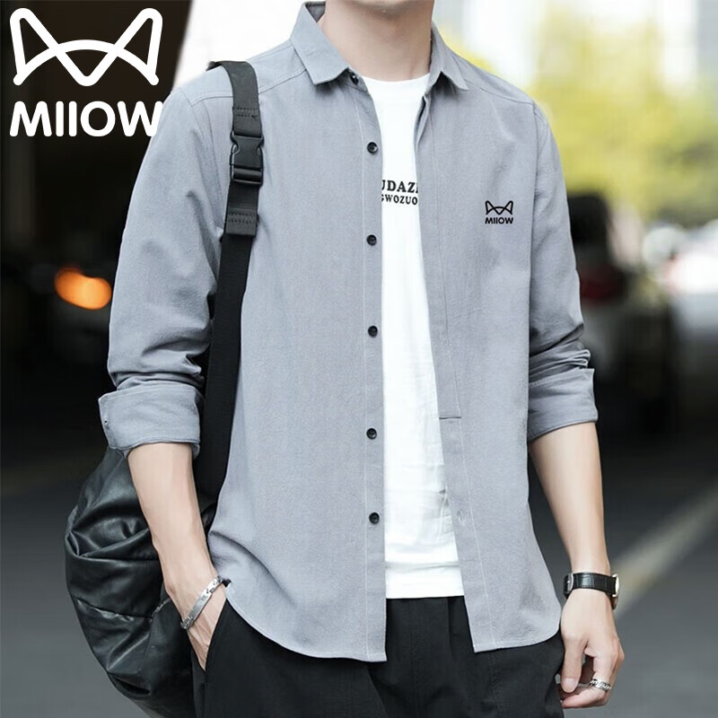 百亿补贴：猫人衬衫男长袖衫春秋季工装衬衣翻领潮流宽松休闲外套 灰色 XL 109元