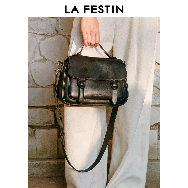 拉菲斯汀(La Festin)头层牛皮邮差包包女2025新款大容量单肩斜挎包通勤手提包 622508 【头层牛皮】暮色黑