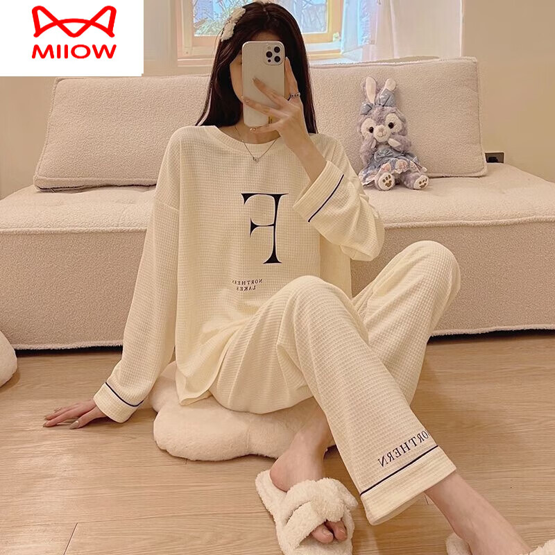 猫人（MiiOW）睡衣女春秋新款棉质华夫格长袖套装慵懒风圆领舒适家居服可外穿女 派邦奴 - 9805华夫格F字母 M 80-斤