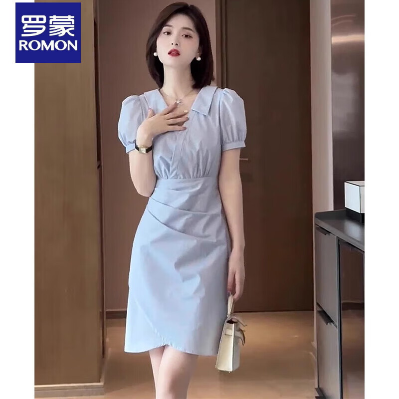 罗蒙法式高级感蓝色衬衫连衣裙女夏季修身显瘦气质高端女神范A字裙子 短款超火连衣裙/网红爆款连衣裙 S