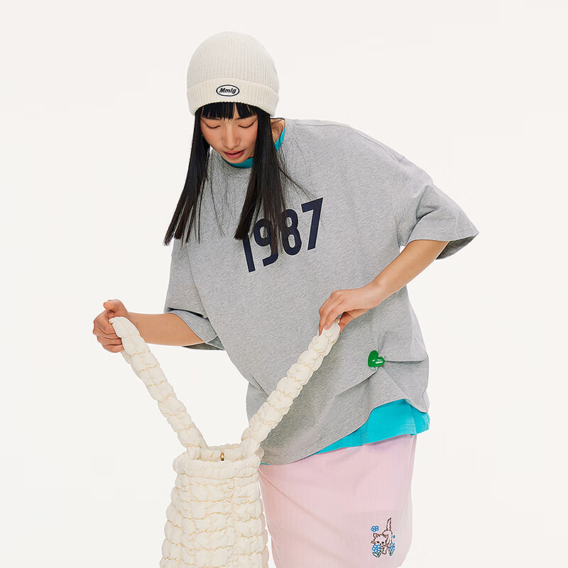 Mmlg 87mm 7A抗菌 纯棉短袖T恤女夏季新款简约印花韩系潮牌上衣体恤衫 花灰色 S