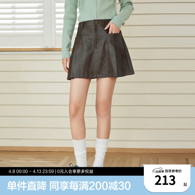 樂町復(fù)古pu皮百褶裙女24年冬季新款防走光打底褲半身裙學(xué)院風(fēng)短裙 黑棕色 M