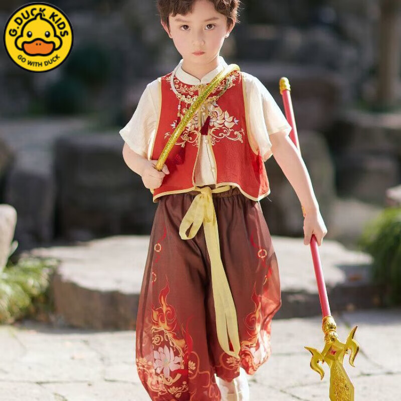 G.DUCKKIDS小黃鴨兒童漢服哪咤服裝中國套裝國潮女童春裝哪吒cos服男 短袖哪吒+火尖槍+乾坤圈 送原版 130