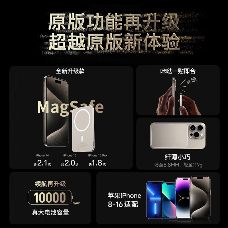 e+e 国家3C认证【新升级丨可上飞机】MagSafe磁吸充电宝移动电源超级快充超薄便携无线小米苹果iphone 钛金色-30000M 原版1:1丨双向快充丨可上飞机