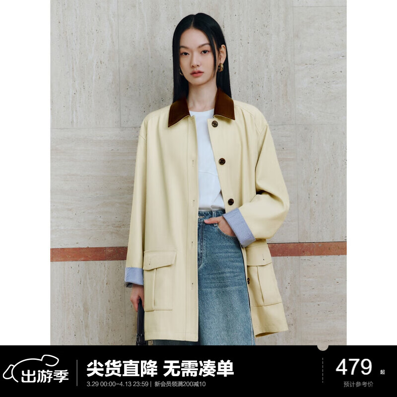 太平鳥女裝風(fēng)衣拼皮翻領(lǐng)風(fēng)衣外套女廓形獵裝風(fēng)春裝品質(zhì) 卡其色 L