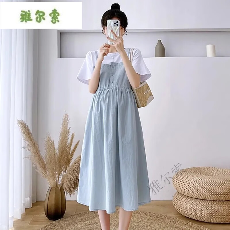雅尔索孕妇装2025新款夏装大码显瘦中长款裙子孕妈妈拼接宽松遮肚连衣裙 c#888  浅蓝色 M  建议85-105斤