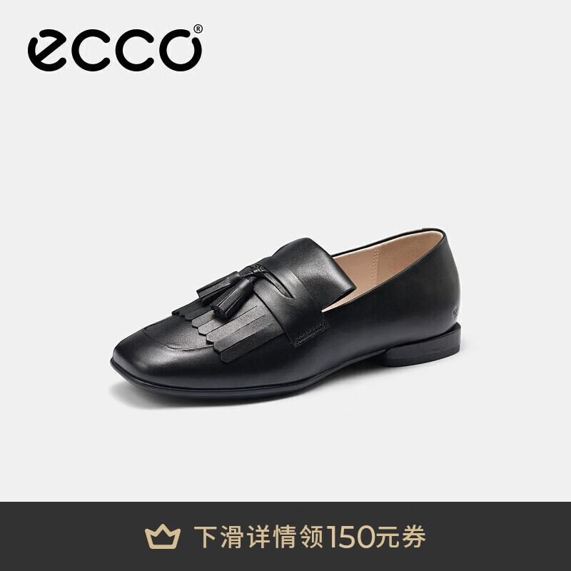 愛步（ECCO）皮鞋女 流蘇方頭樂福鞋低跟平底淺口單鞋 安妮方頭208543 黑色35