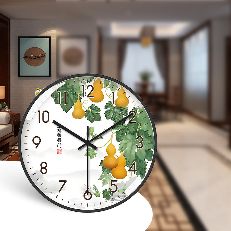 Tazxin现代轻奢五福临门家用挂钟客厅新中式高档石英钟表挂墙静音时钟 TWFLM-金框金针 25cm 10寸