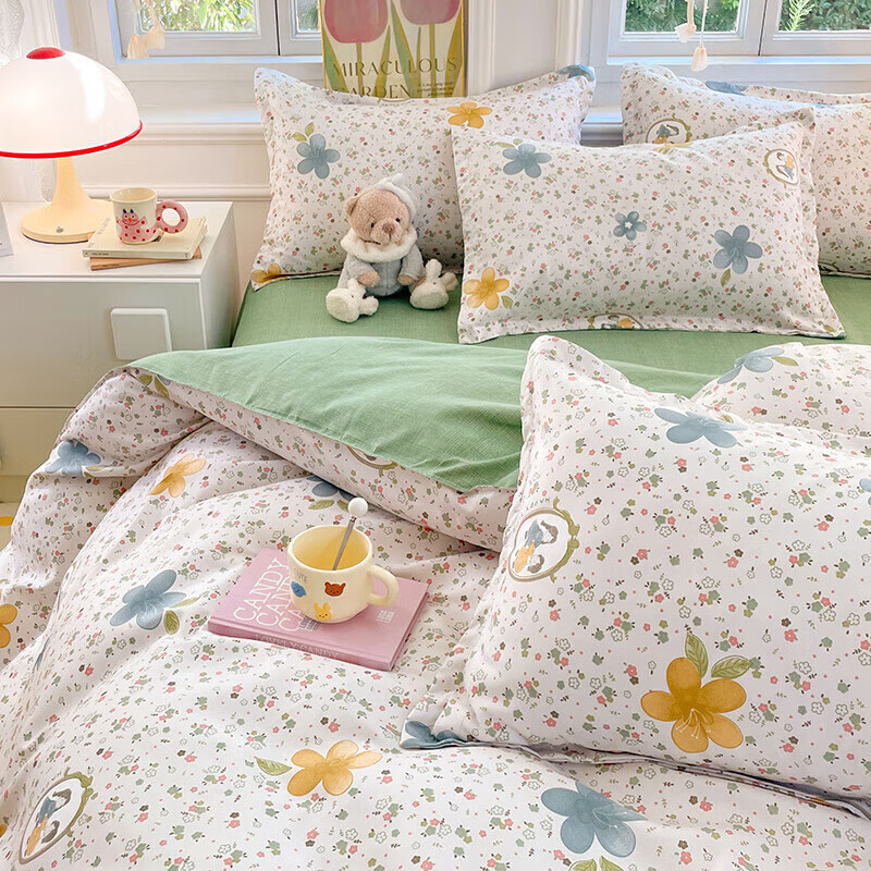 软贝小清新四件套 透气亲肤印花卡通简约田园风被套床单款套件 小家碧玉 2.0m床单款四件套被套200*230cm