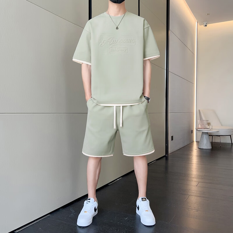 洛科驰重磅钢印休闲运动服套装男士夏季薄款冰丝男款短袖短裤穿搭一整套 5808浅军绿 M