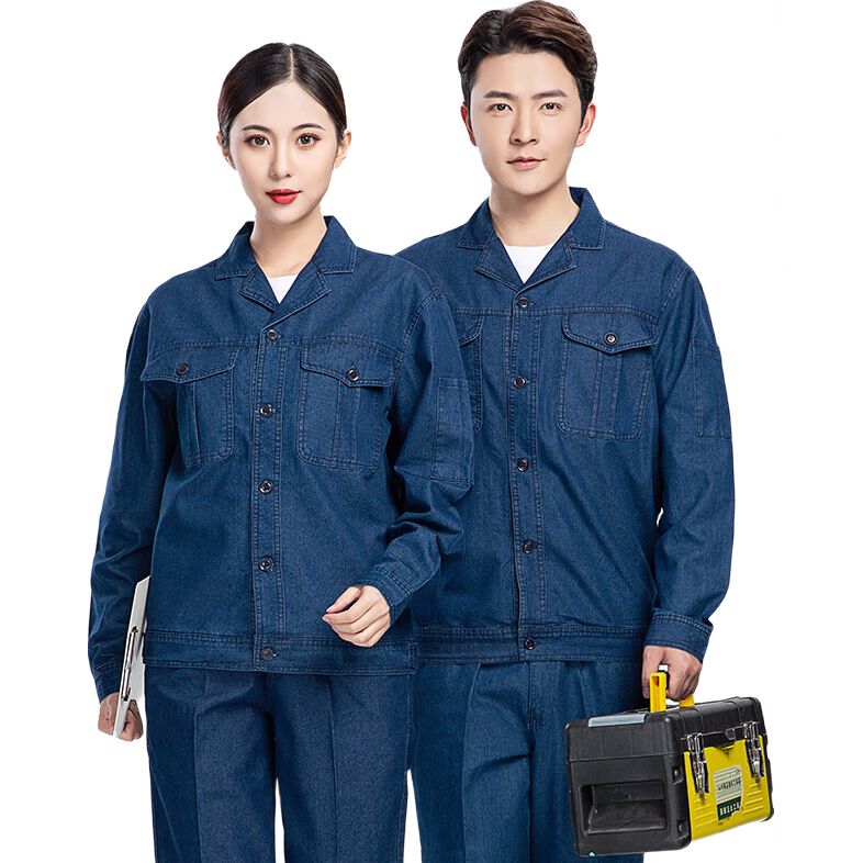保羅嵐芝純棉牛仔夏季長(zhǎng)袖工作服套裝男防撕裂電焊電工汽修工廠(chǎng)車(chē)間勞保服