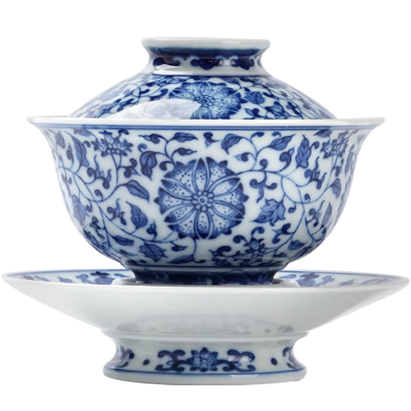 景德鎮(zhèn)手繪點工纏枝蓮三才蓋碗景德鎮(zhèn)陶瓷大號茶具青花瓷泡茶碗高端茶器 青花纏枝蓮點工蓋碗