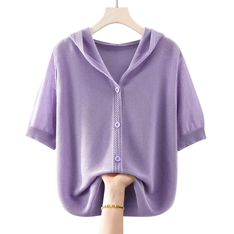 羅蒙（ROMON）冰絲連帽t恤女夏季2025年新款女裝設(shè)計(jì)感寬松帶帽短袖針織上衣 紫色 XL 建議120-135斤