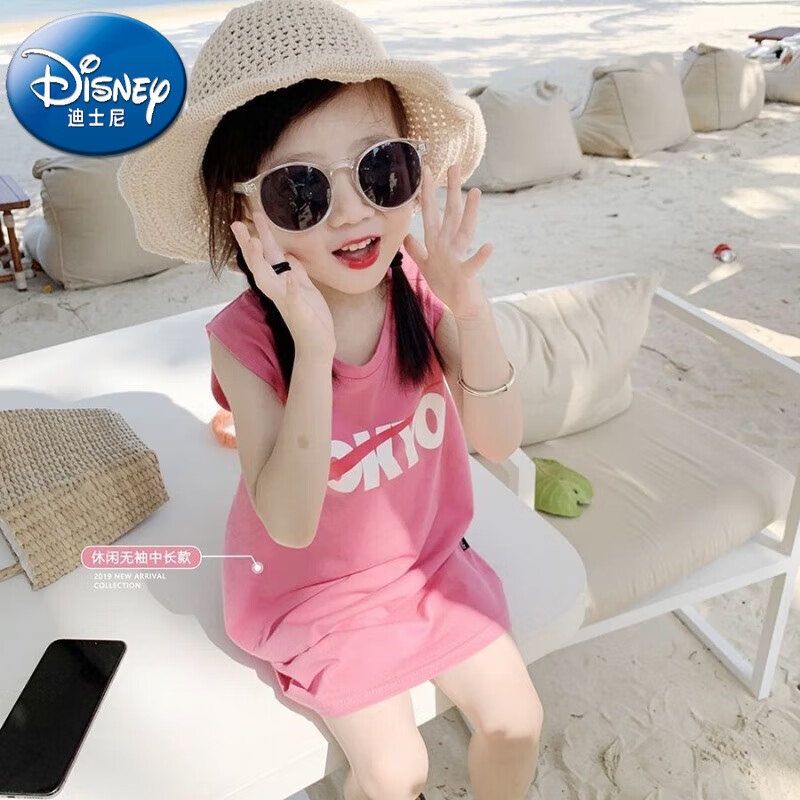 迪士尼（Disney）2025純棉女童連衣裙無袖新款夏裝兒童裙子休閑洋氣寶寶卡通連衣裙 蜜桃粉 90