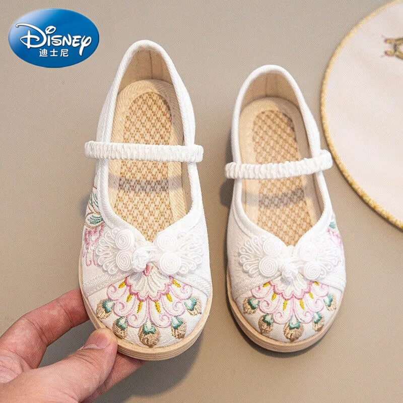 迪士尼（Disney）女童汉服鞋子古装儿童绣花鞋小公主中国风民族古风老北京手工布鞋 0705白色 25 /鞋内长15.1cm
