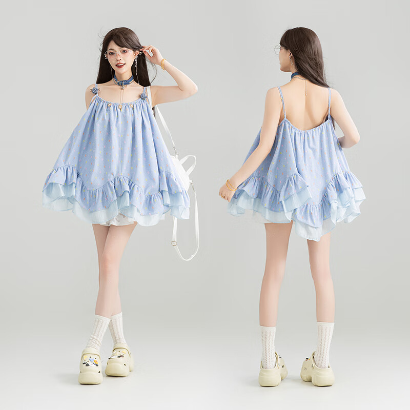 凱莉歐KEIKO 藍(lán)色不規(guī)則荷葉邊連衣裙25夏日彩點(diǎn)提花吊帶背心短裙 淺藍(lán)色 S
