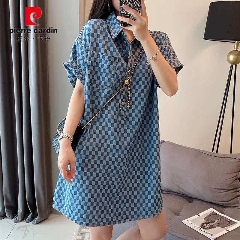 皮尔卡丹（pierre cardin）2-300斤胖mm牛仔蓝连衣裙女夏季新款特大码中长款宽松短袖t恤裙子 蓝色连衣裙 XL 【建议120-150斤】