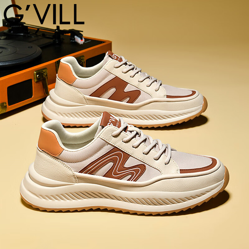 贵之步G'VILL男士潮流休闲鞋夏季新款网面透气户外运动鞋厚底软弹跑步鞋 沙色 (G1601） 42 （运动鞋码）