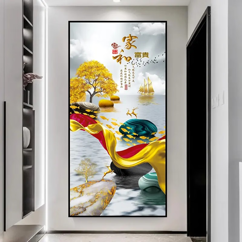 艾思尚玄关装饰画入户正对门自粘3d立体贴画走廊客厅高级感贴纸挂画壁画 32.九鱼招财 宽60cm-高120cm