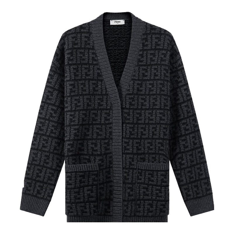 芬迪（FENDI）女士山羊絨寬松版V領(lǐng)羊絨衫針織衫開(kāi)衫毛衣鉤針女裝 FZC950 ALOJ F0GME 黑色灰色鉤針FF老花 40