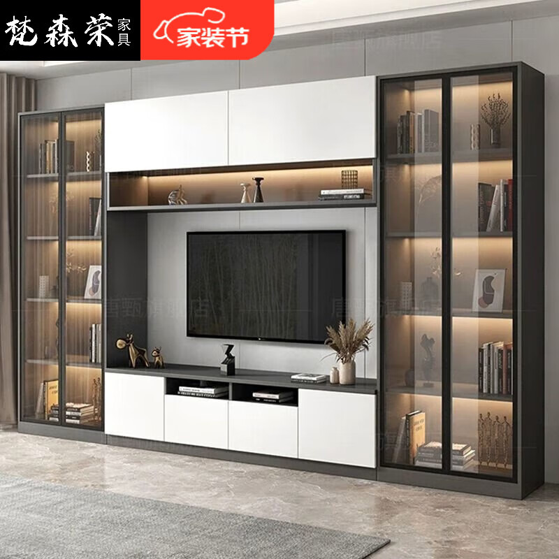 梵森榮2025新款實(shí)木落地電視柜一體滿墻電視背景墻定制電視機(jī)柜客廳收納 實(shí)木1.6電視柜+A柜*2總長(zhǎng)3.2米 電視柜墻丨16Mm實(shí)木板材丨送貨入戶