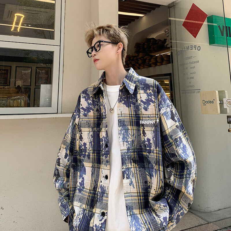 轩森图扎染灯芯绒长袖衬衫男春秋潮牌美式复古衬衣宽松休闲痞帅工装外套 JK6898蓝色 薄款 XL (175) 130-145斤