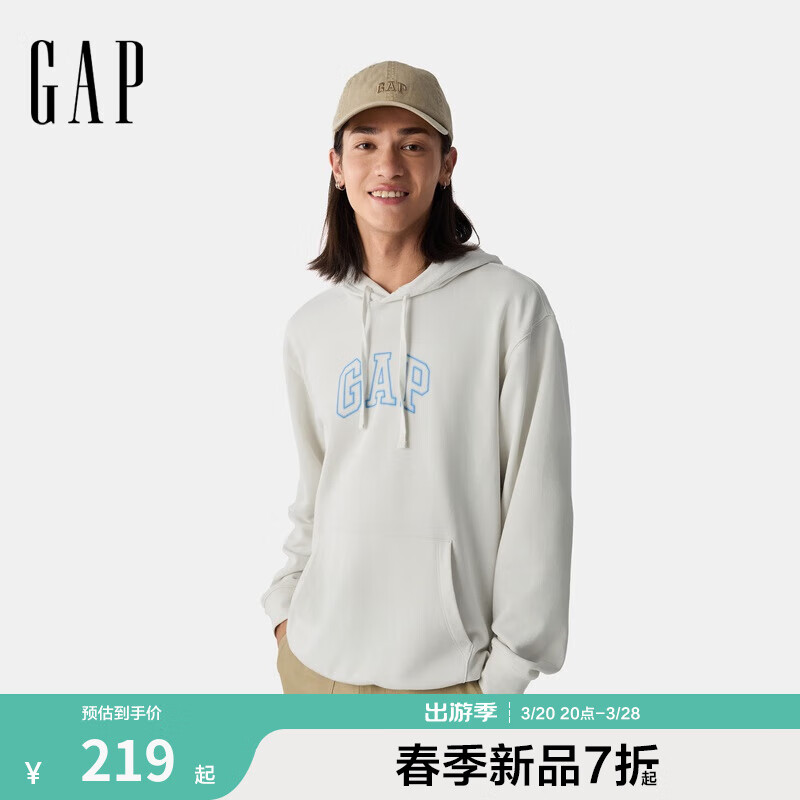 Gap男女装2025春季新款logo抽绳连帽口袋卫衣休闲上衣美版708409 灰白色 S 美码 M亚洲码175/92A