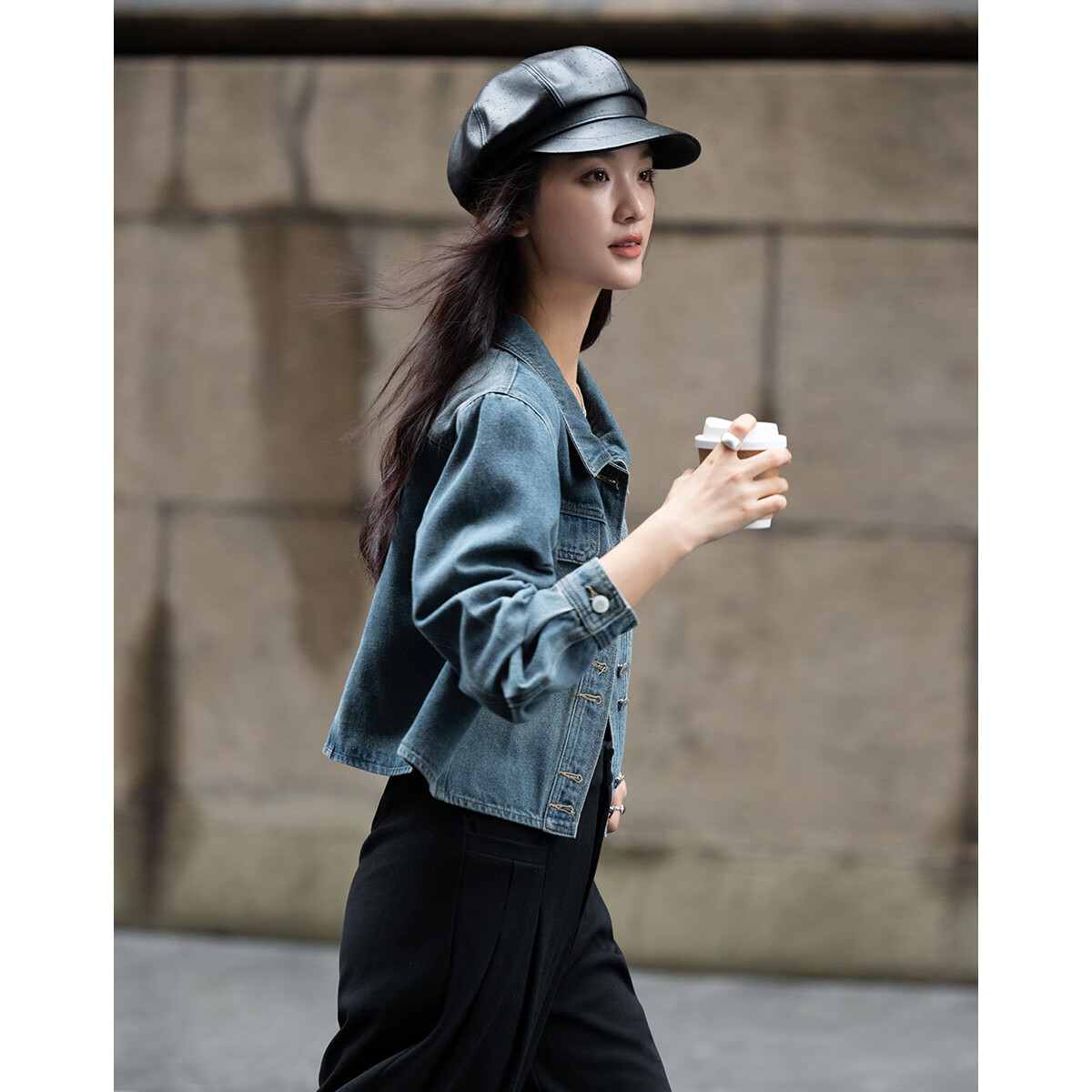 德玛纳【复古气质小短款外套】春秋翻领双袋盖长袖牛仔外套女