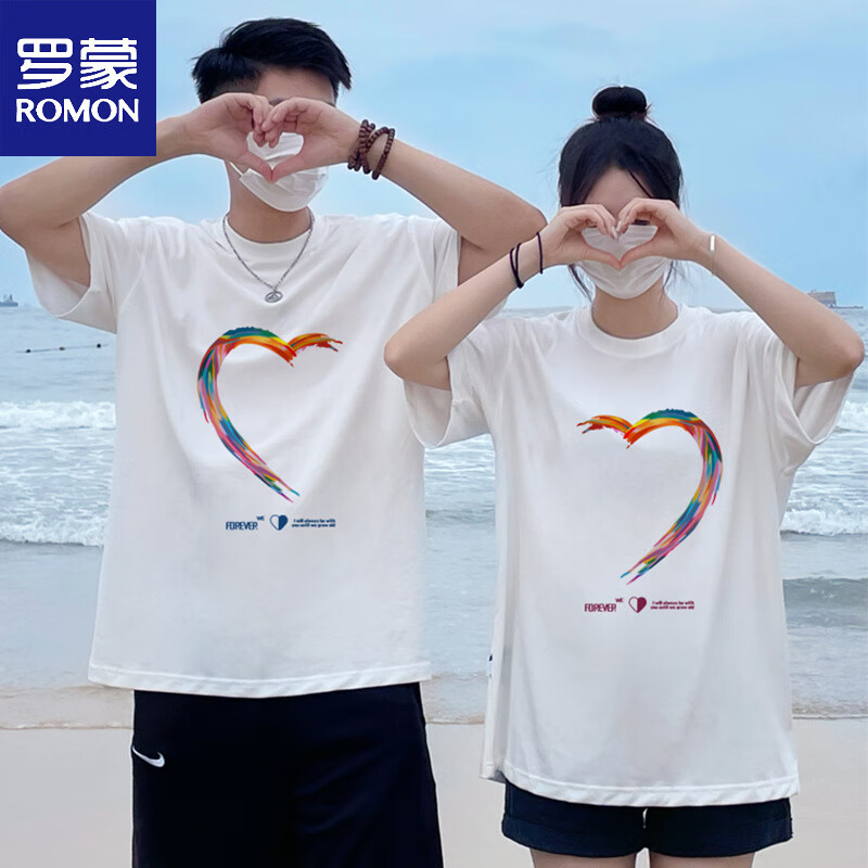 罗蒙（ROMON）情侣装早春2026新款潮牌设计感夏装纯棉宽松情侣套装短袖t恤班服 白色男+白色女 S M =男M+女S