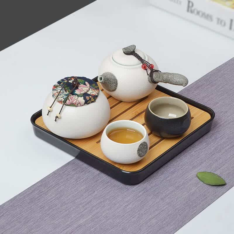整套陶瓷家用一壶四杯小茶具套装快客旅行便携包茶盘店 中侧把黑白+茶盘+茶叶罐